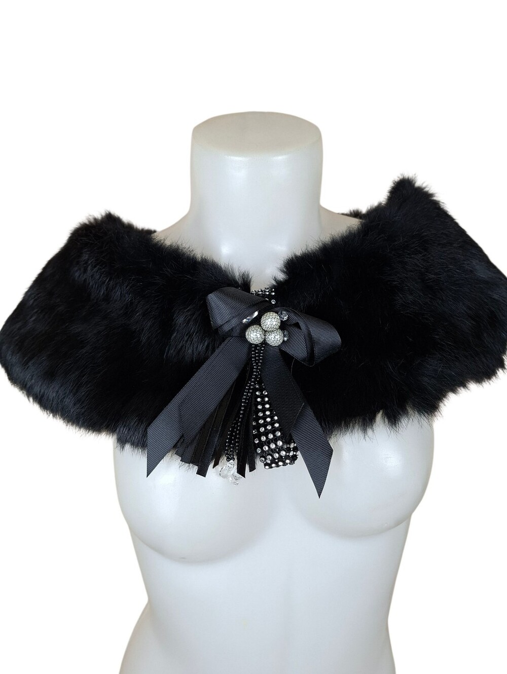 Real Fur Shoulder Cape Wrap: Bridal Wedding Shawl Collar Scarf Rhinestone Bow